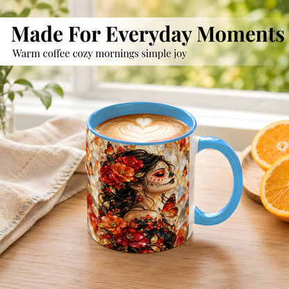#pl[11oz|Blue] Floral Sugar Skull Woman Coffee Mug, Monarch Butterfly Mug, Ceramic Cup