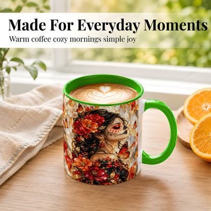 #pl[11oz|Green] Floral Sugar Skull Woman Coffee Mug, Monarch Butterfly Mug, Ceramic Cup