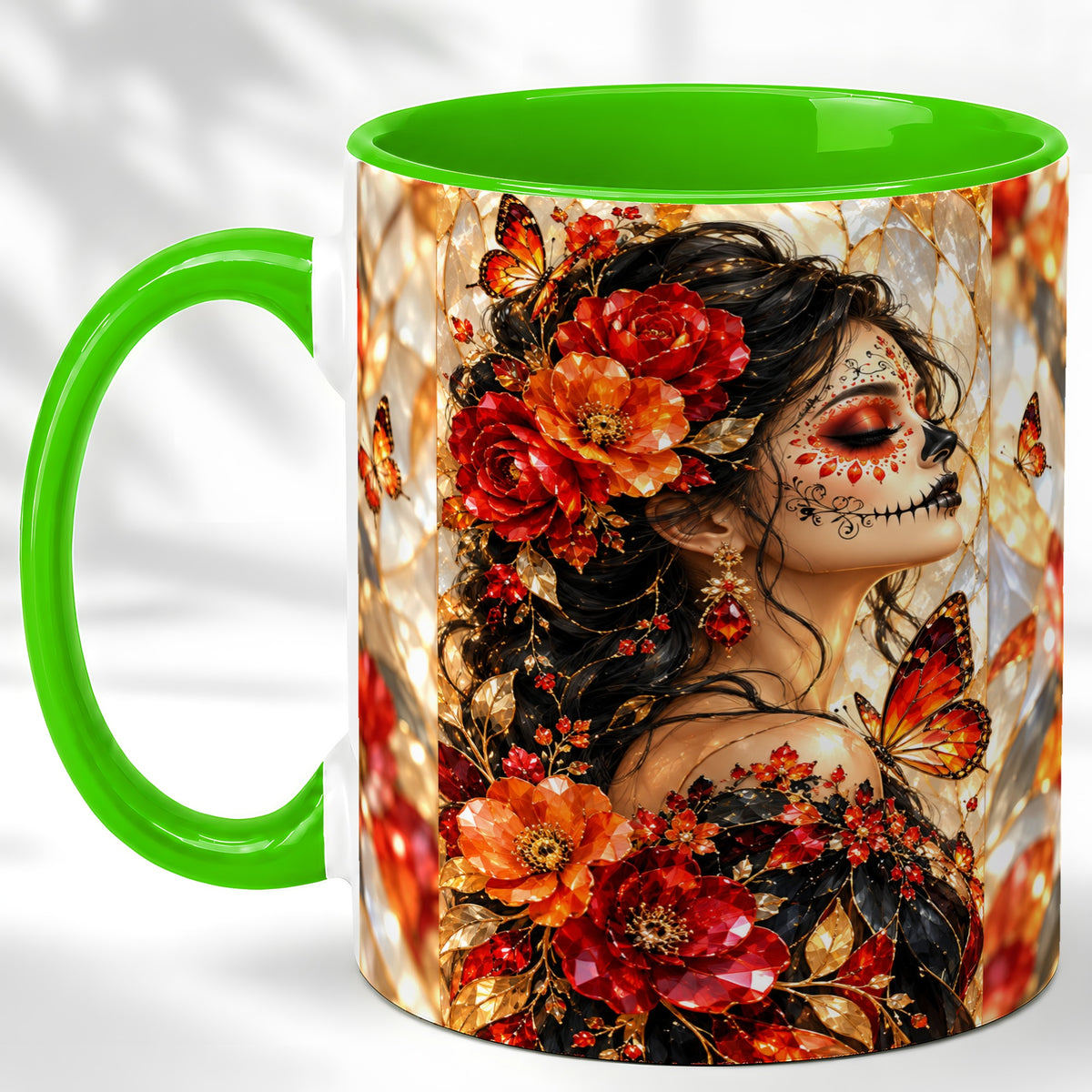 #pl[11oz|Green] Floral Sugar Skull Woman Coffee Mug, Monarch Butterfly Mug, Ceramic Cup