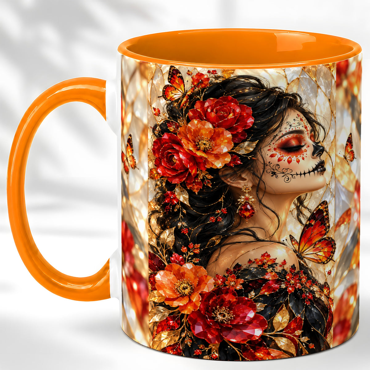 #pl[11oz|Orange] Floral Sugar Skull Woman Coffee Mug, Monarch Butterfly Mug, Ceramic Cup
