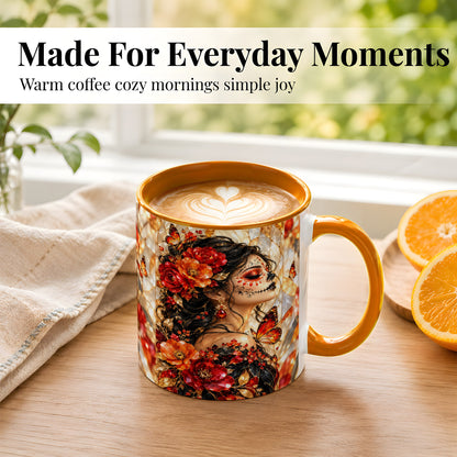 #pl[11oz|Orange] Floral Sugar Skull Woman Coffee Mug, Monarch Butterfly Mug, Ceramic Cup