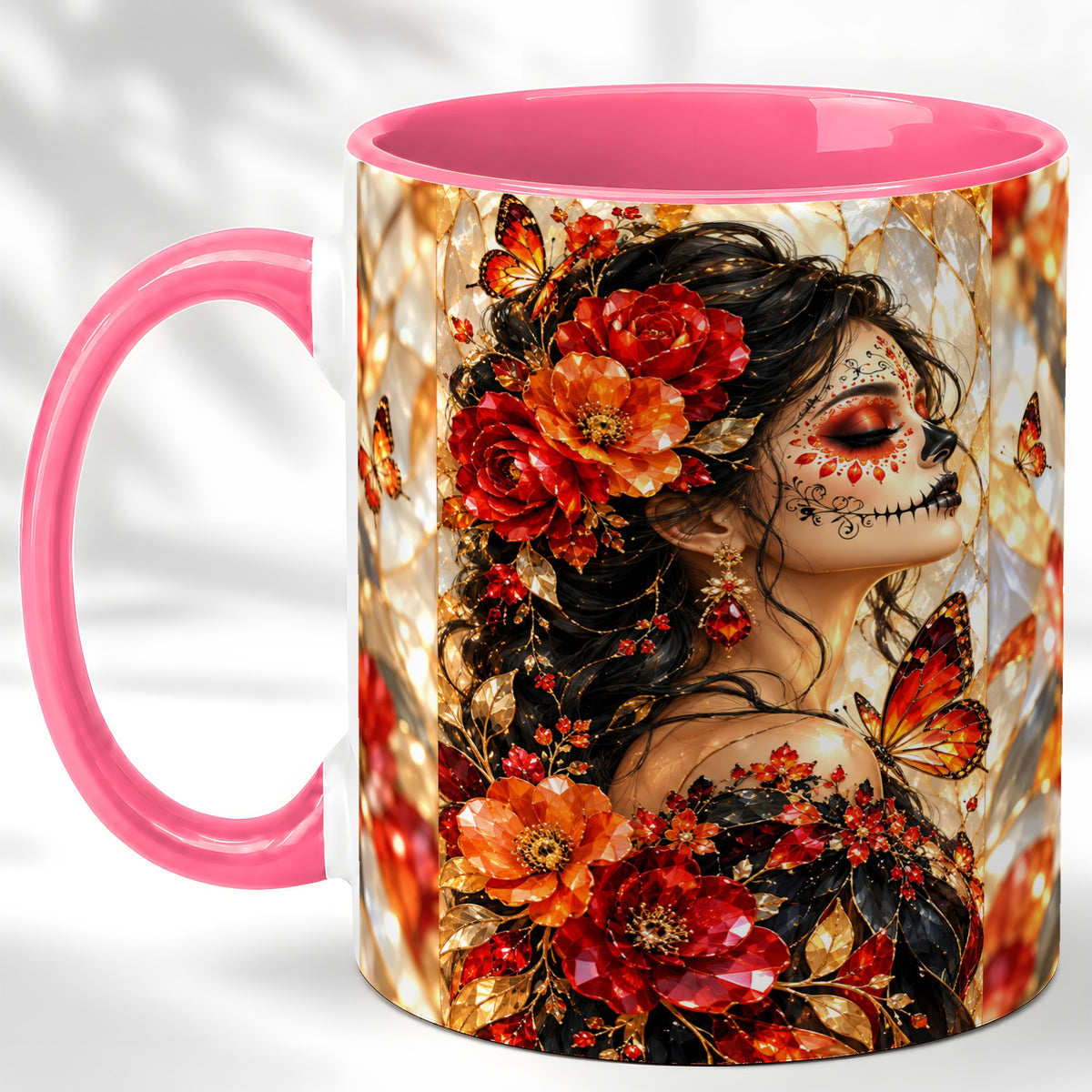 #pl[11oz|Pink] Floral Sugar Skull Woman Coffee Mug, Monarch Butterfly Mug, Ceramic Cup