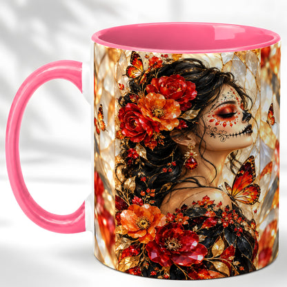 #pl[11oz|Pink] Floral Sugar Skull Woman Coffee Mug, Monarch Butterfly Mug, Ceramic Cup