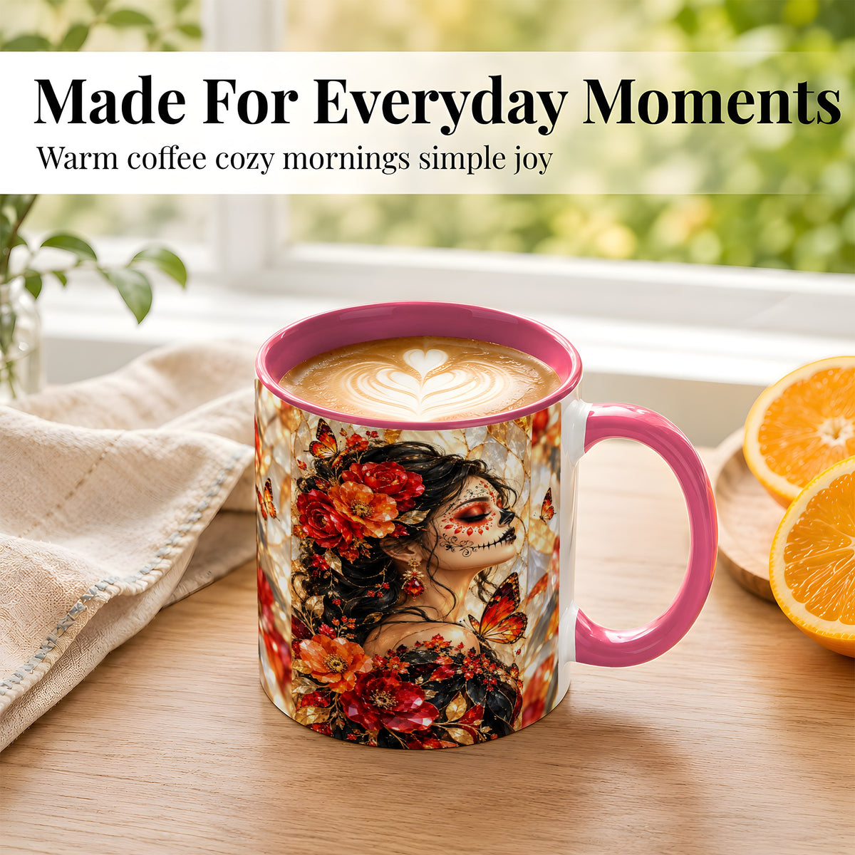 #pl[11oz|Pink] Floral Sugar Skull Woman Coffee Mug, Monarch Butterfly Mug, Ceramic Cup