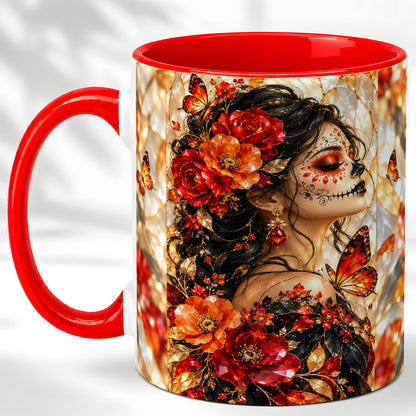 Floral Sugar Skull Woman Coffee Mug, Monarch Butterfly Mug, Ceramic Cup