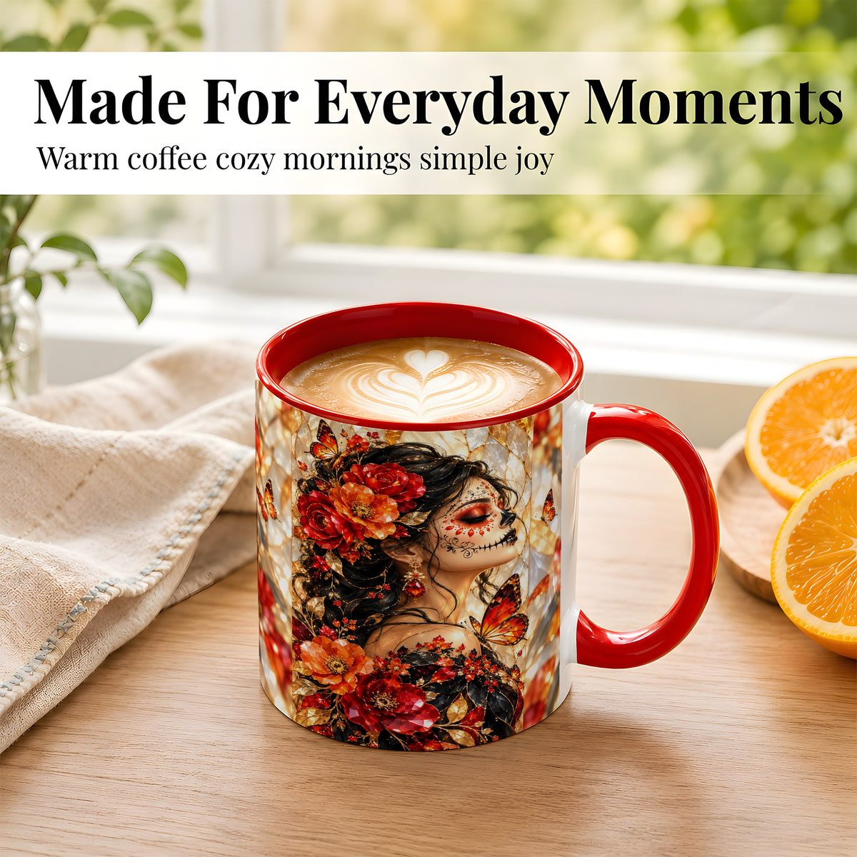 #pl[11oz|Red] Floral Sugar Skull Woman Coffee Mug, Monarch Butterfly Mug, Ceramic Cup