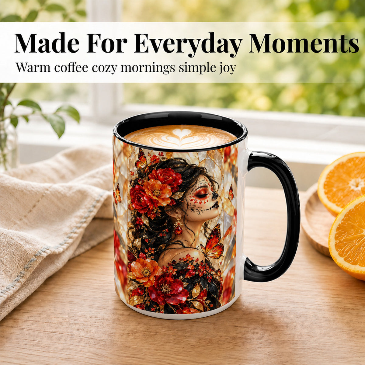 #pl[15oz|Black] Floral Sugar Skull Woman Coffee Mug, Monarch Butterfly Mug, Ceramic Cup