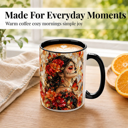 #pl[15oz|Black] Floral Sugar Skull Woman Coffee Mug, Monarch Butterfly Mug, Ceramic Cup