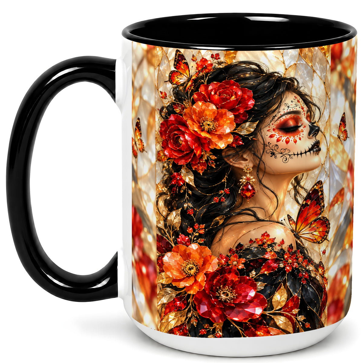 #pl[15oz|Black] Floral Sugar Skull Woman Coffee Mug, Monarch Butterfly Mug, Ceramic Cup