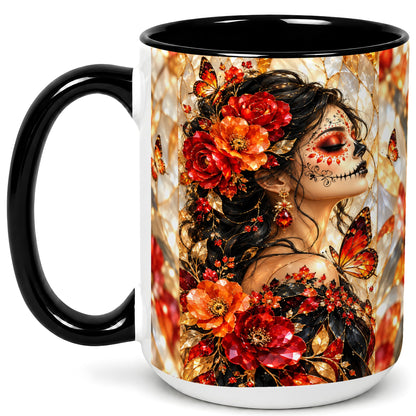 #pl[15oz|Black] Floral Sugar Skull Woman Coffee Mug, Monarch Butterfly Mug, Ceramic Cup