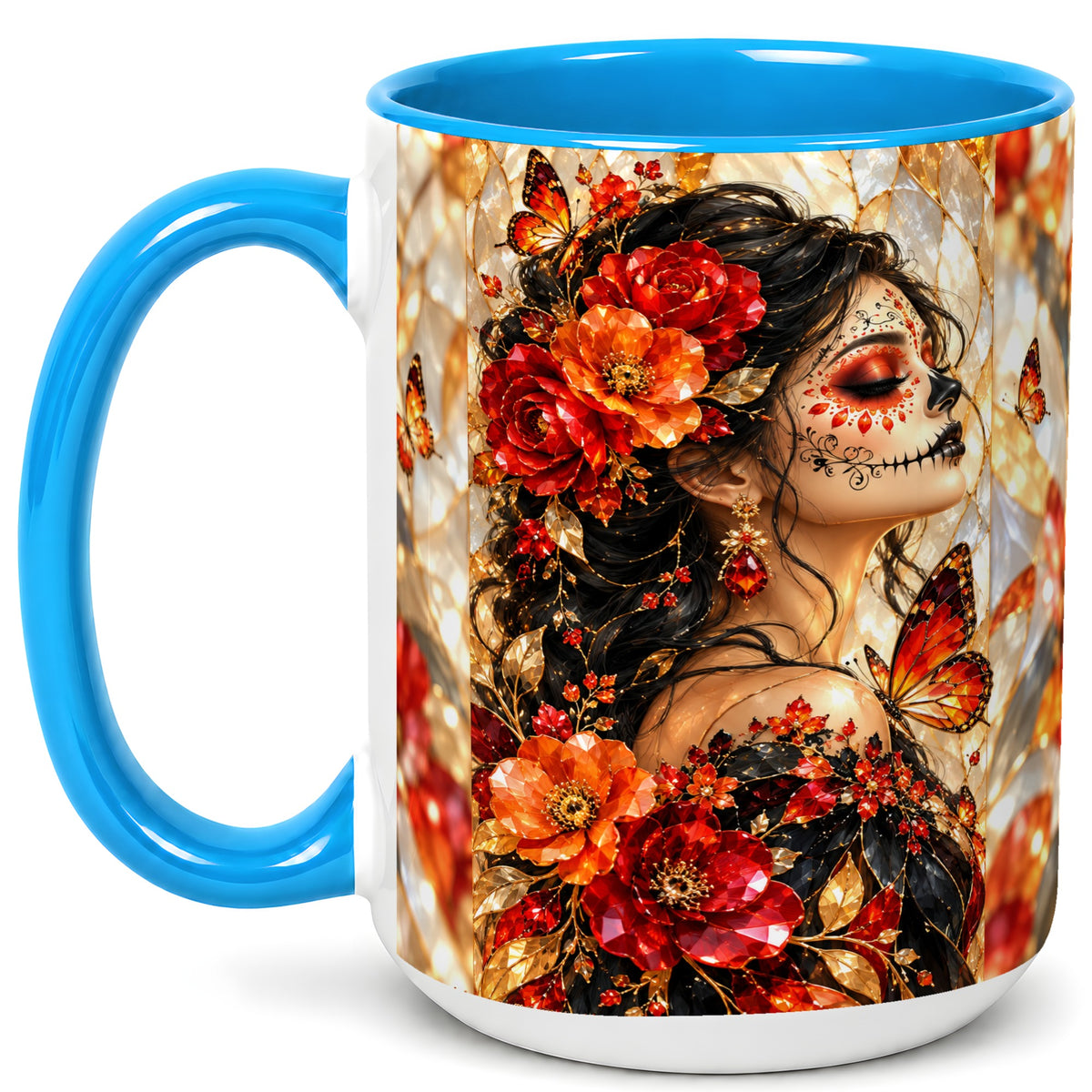 #pl[15oz|Blue] Floral Sugar Skull Woman Coffee Mug, Monarch Butterfly Mug, Ceramic Cup
