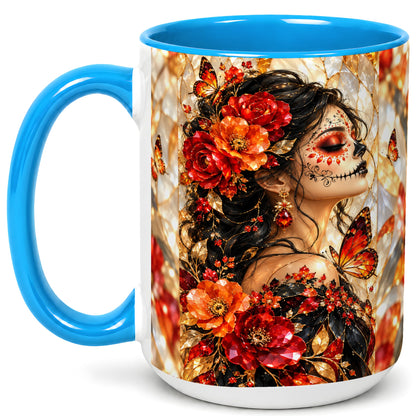 #pl[15oz|Blue] Floral Sugar Skull Woman Coffee Mug, Monarch Butterfly Mug, Ceramic Cup
