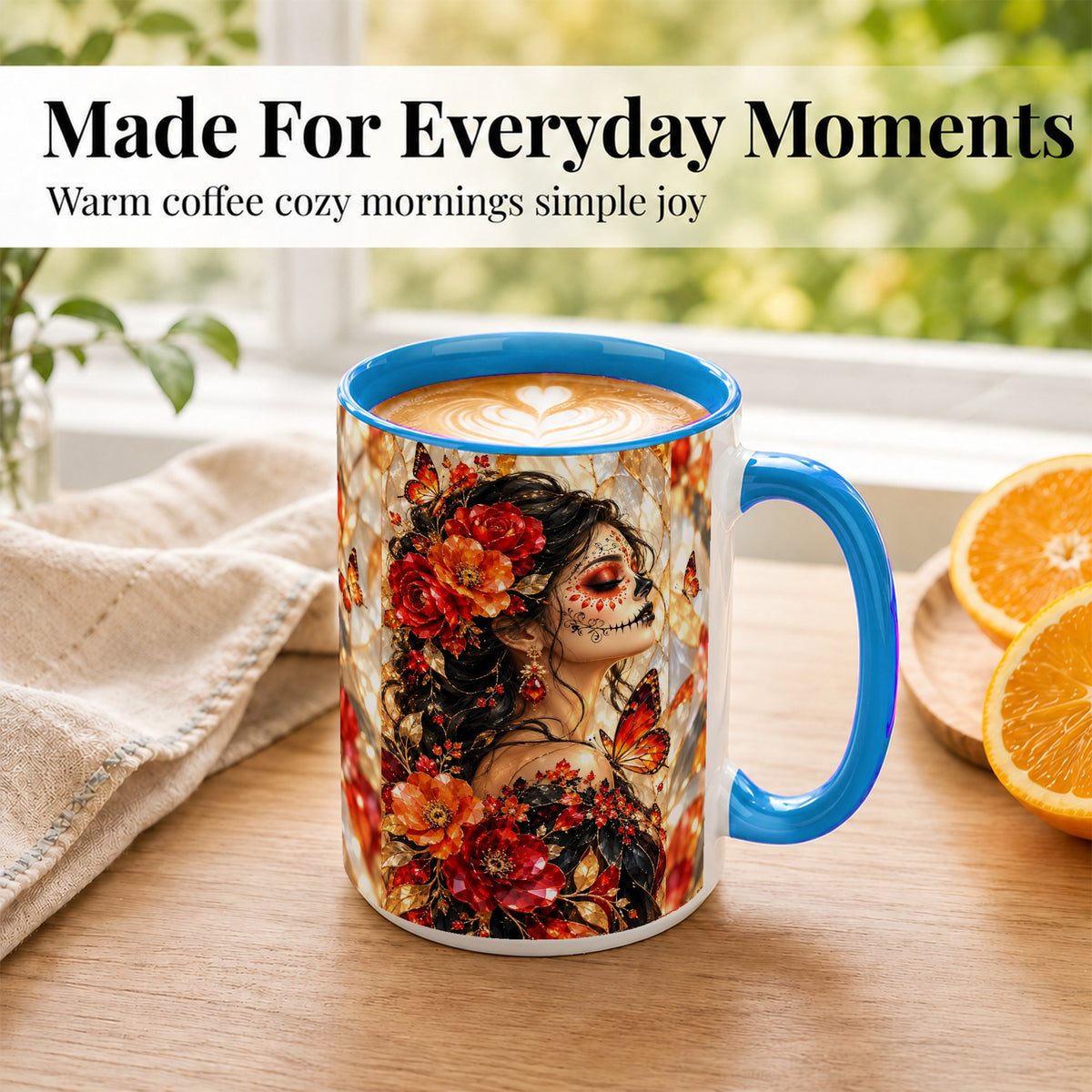 #pl[15oz|Blue] Floral Sugar Skull Woman Coffee Mug, Monarch Butterfly Mug, Ceramic Cup