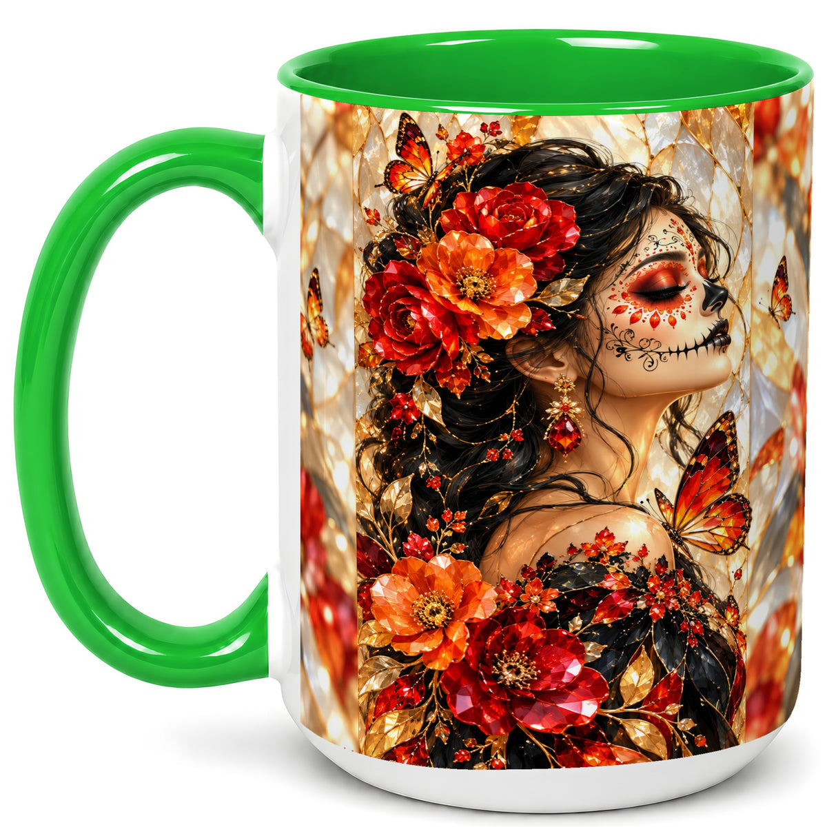 #pl[15oz|Green] Floral Sugar Skull Woman Coffee Mug, Monarch Butterfly Mug, Ceramic Cup