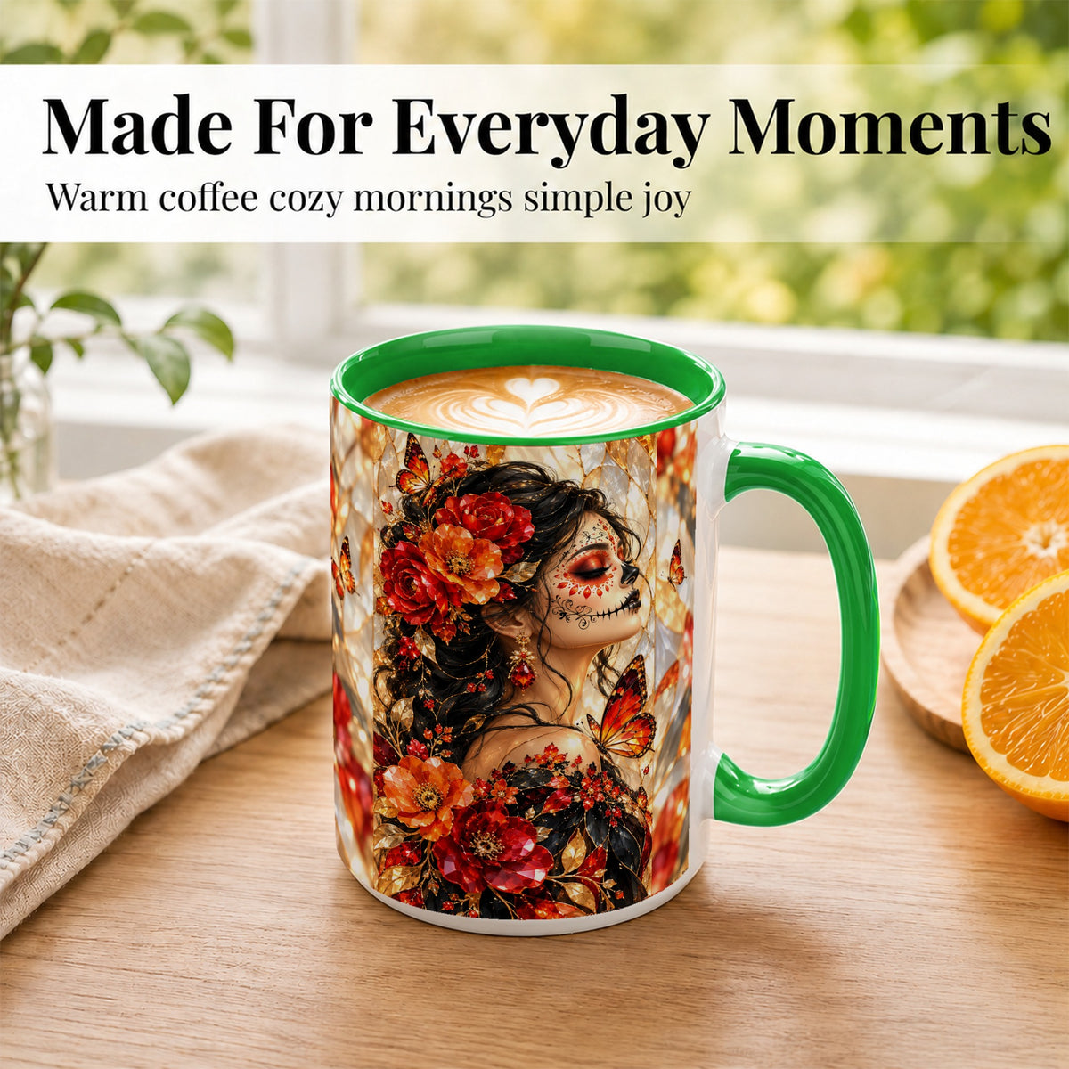 #pl[15oz|Green] Floral Sugar Skull Woman Coffee Mug, Monarch Butterfly Mug, Ceramic Cup