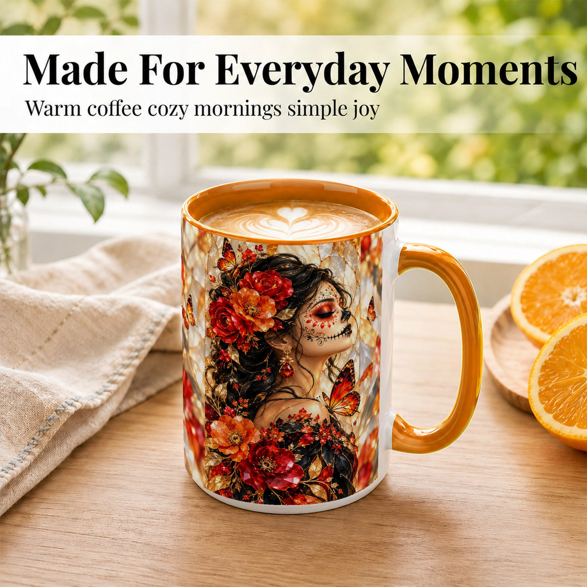 #pl[15oz|Orange] Floral Sugar Skull Woman Coffee Mug, Monarch Butterfly Mug, Ceramic Cup