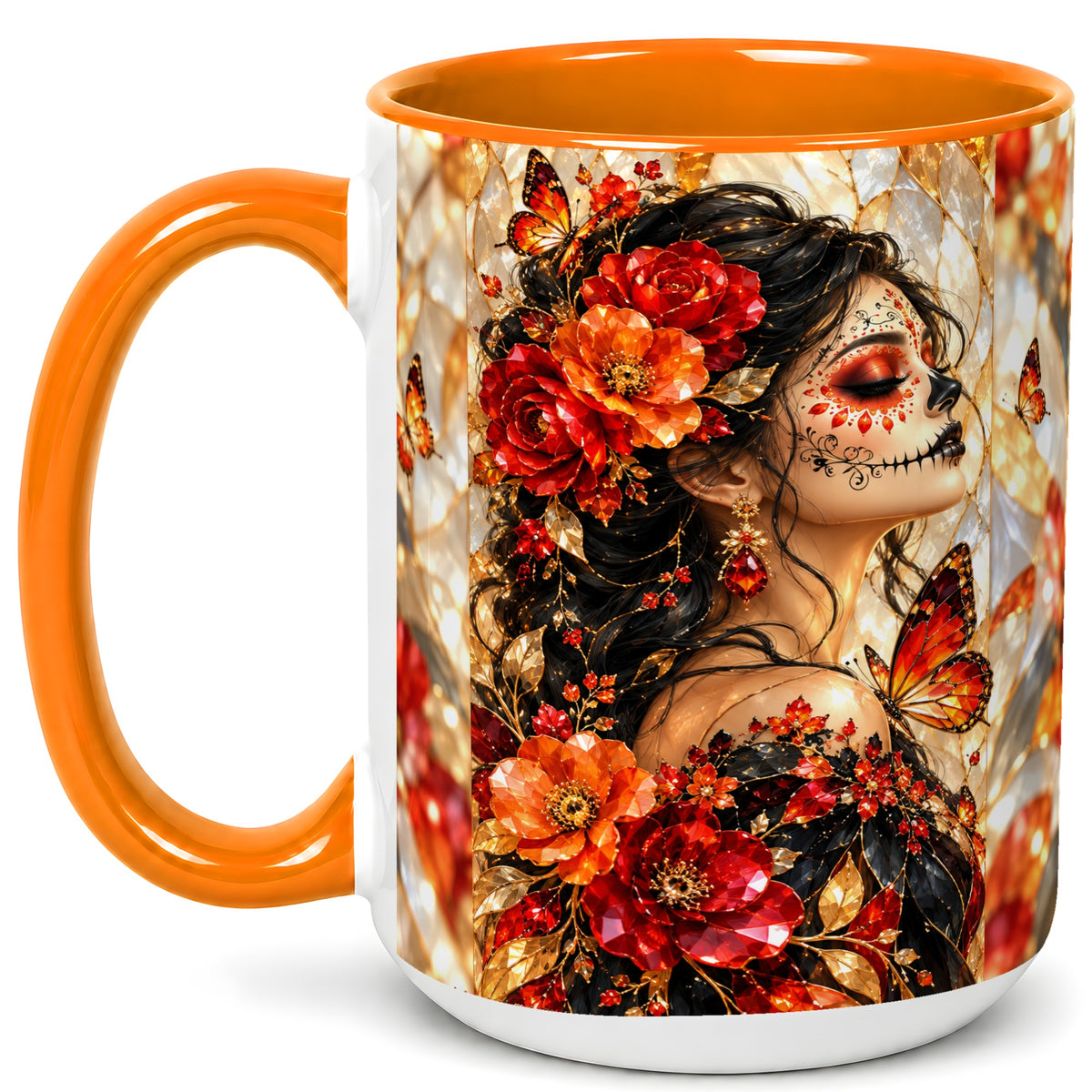 #pl[15oz|Orange] Floral Sugar Skull Woman Coffee Mug, Monarch Butterfly Mug, Ceramic Cup