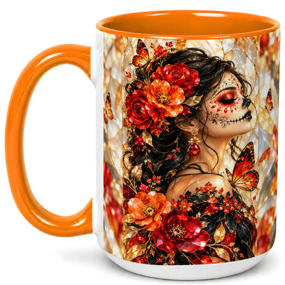 #pl[15oz|Orange] Floral Sugar Skull Woman Coffee Mug, Monarch Butterfly Mug, Ceramic Cup