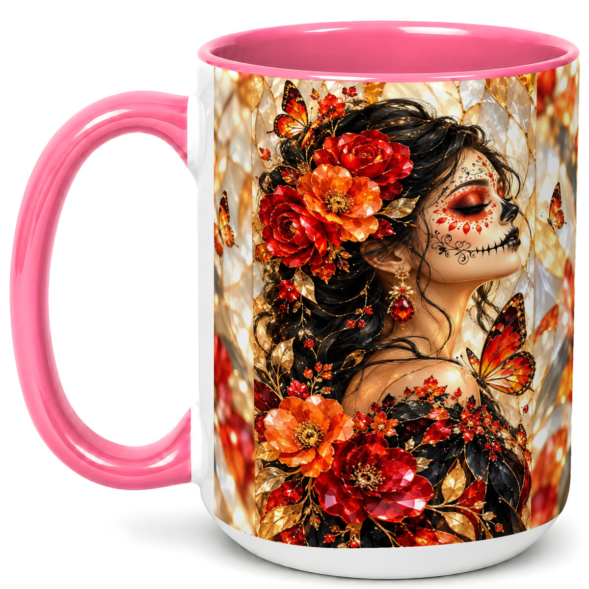 #pl[15oz|Pink] Floral Sugar Skull Woman Coffee Mug, Monarch Butterfly Mug, Ceramic Cup