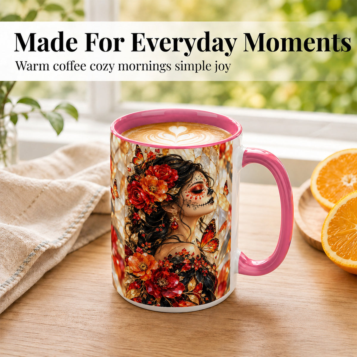 #pl[15oz|Pink] Floral Sugar Skull Woman Coffee Mug, Monarch Butterfly Mug, Ceramic Cup