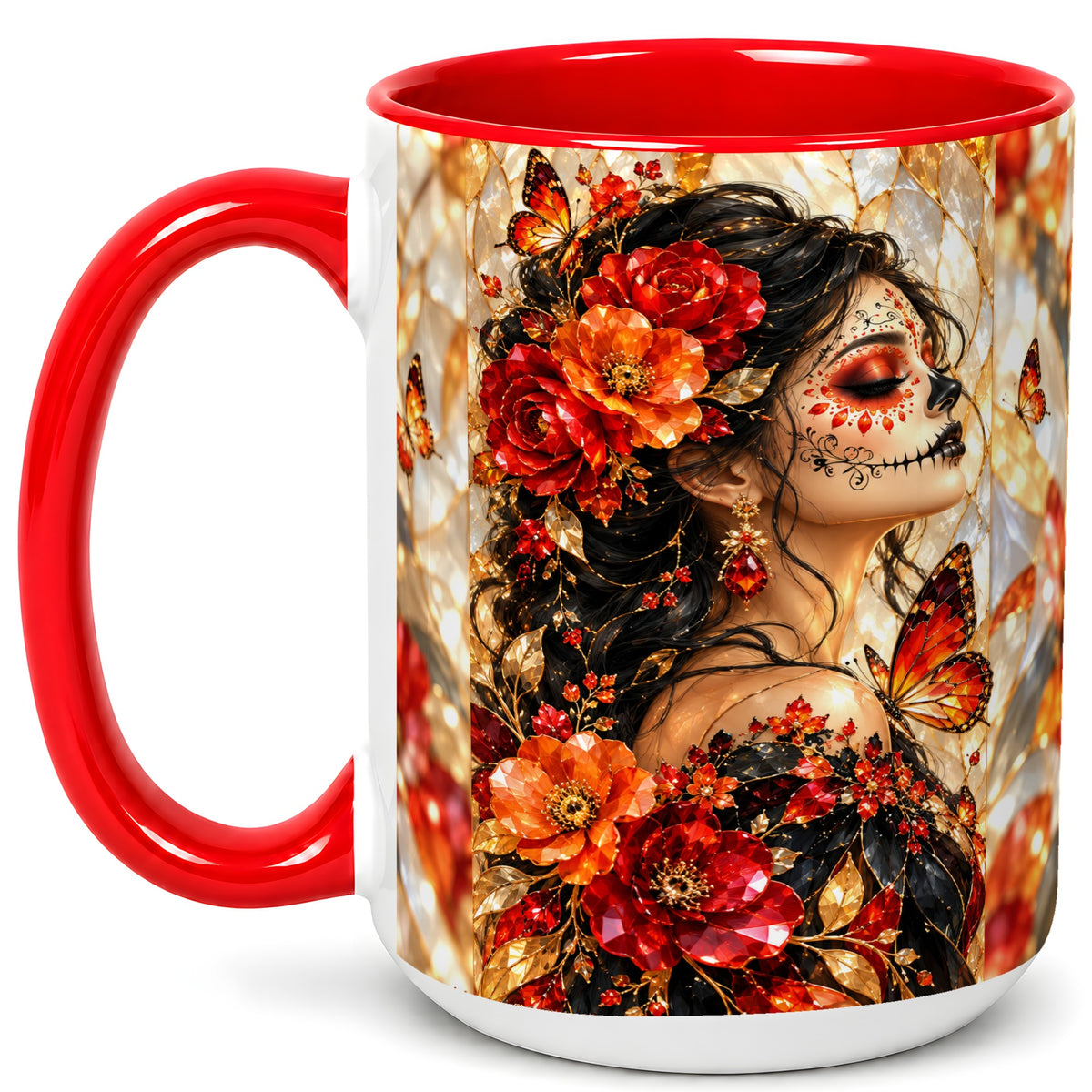 #pl[15oz|Red] Floral Sugar Skull Woman Coffee Mug, Monarch Butterfly Mug, Ceramic Cup