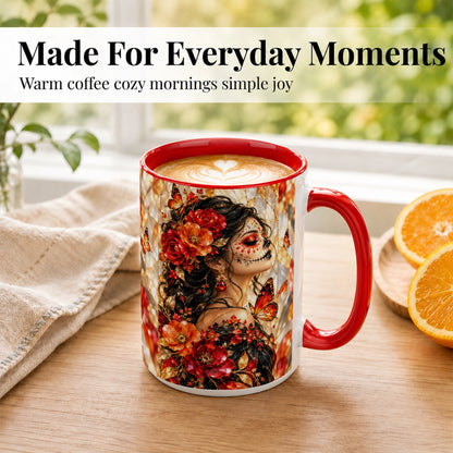 #pl[15oz|Red] Floral Sugar Skull Woman Coffee Mug, Monarch Butterfly Mug, Ceramic Cup