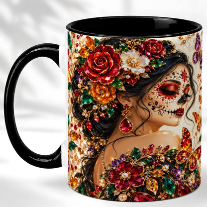 #pl[11oz|Black] Floral Face Art Coffee Mug, Jeweled Rose Mug, Ceramic Cup