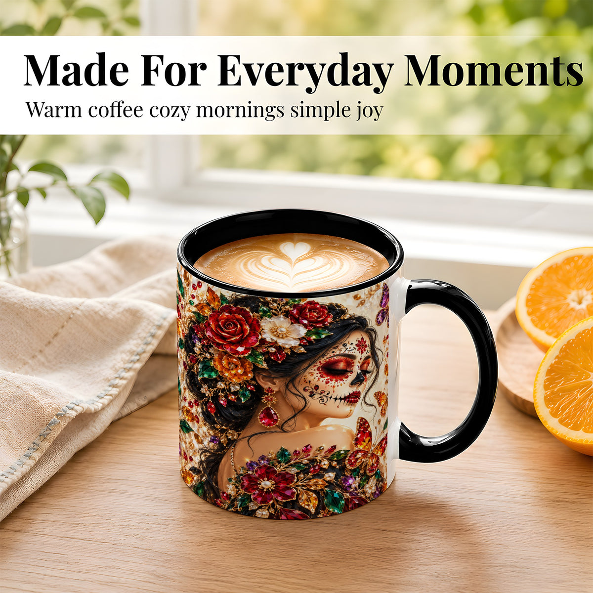 #pl[11oz|Black] Floral Face Art Coffee Mug, Jeweled Rose Mug, Ceramic Cup