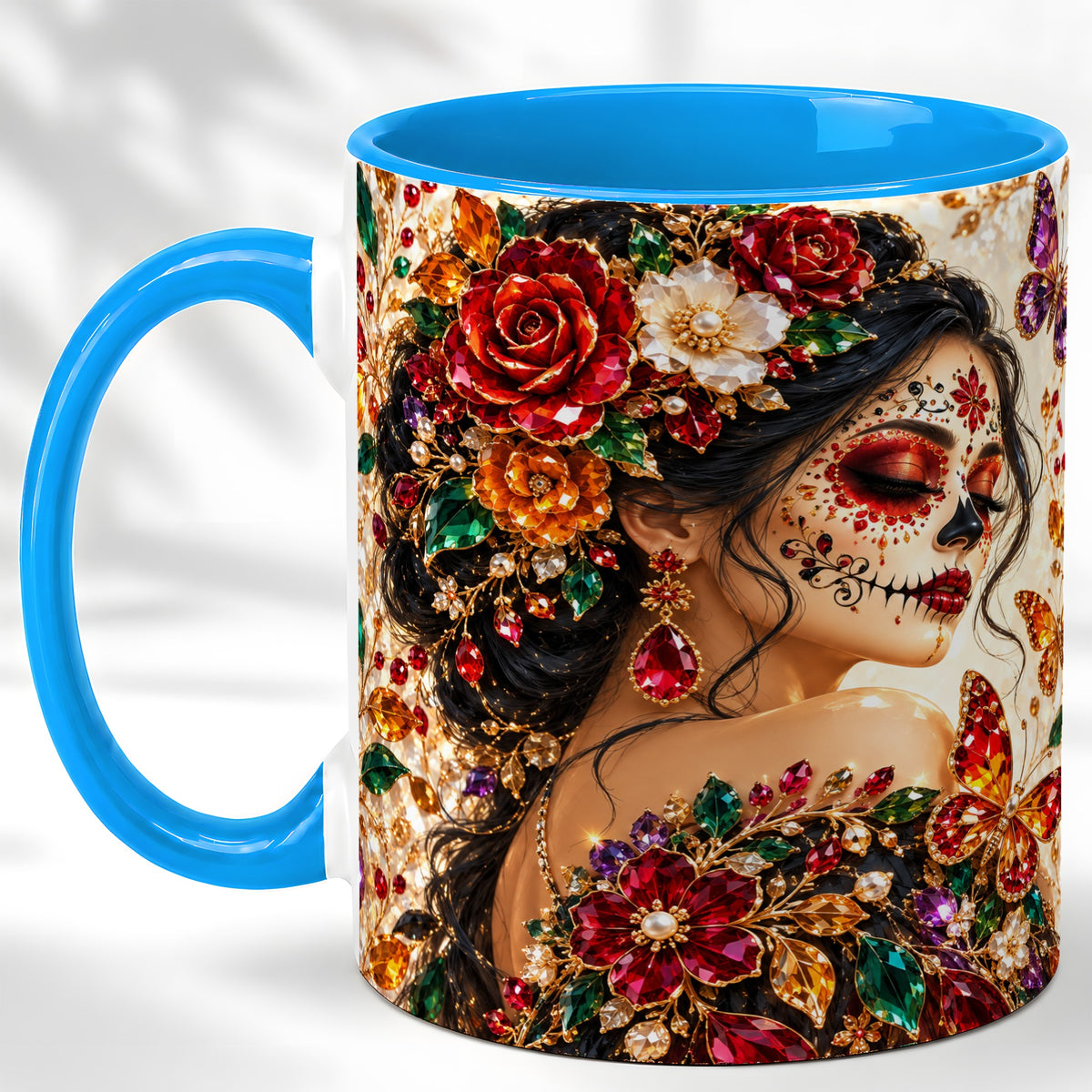 #pl[11oz|Blue] Floral Face Art Coffee Mug, Jeweled Rose Mug, Ceramic Cup