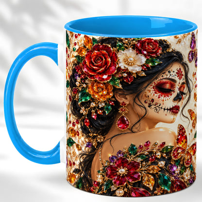 #pl[11oz|Blue] Floral Face Art Coffee Mug, Jeweled Rose Mug, Ceramic Cup