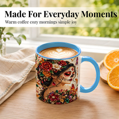 #pl[11oz|Blue] Floral Face Art Coffee Mug, Jeweled Rose Mug, Ceramic Cup