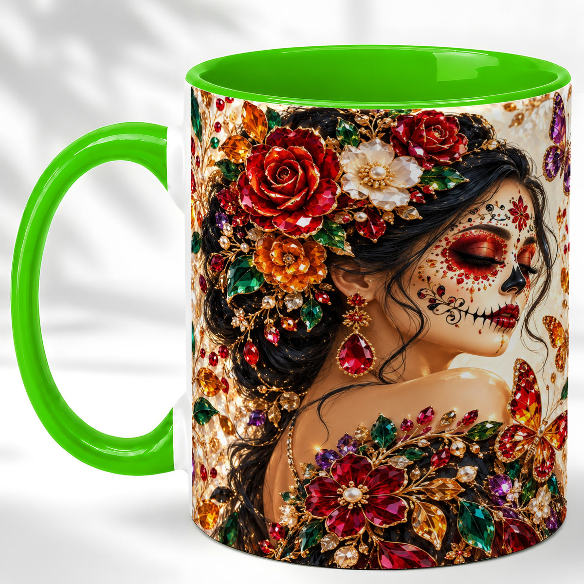 #pl[11oz|Green] Floral Face Art Coffee Mug, Jeweled Rose Mug, Ceramic Cup