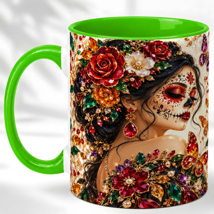 #pl[11oz|Green] Floral Face Art Coffee Mug, Jeweled Rose Mug, Ceramic Cup
