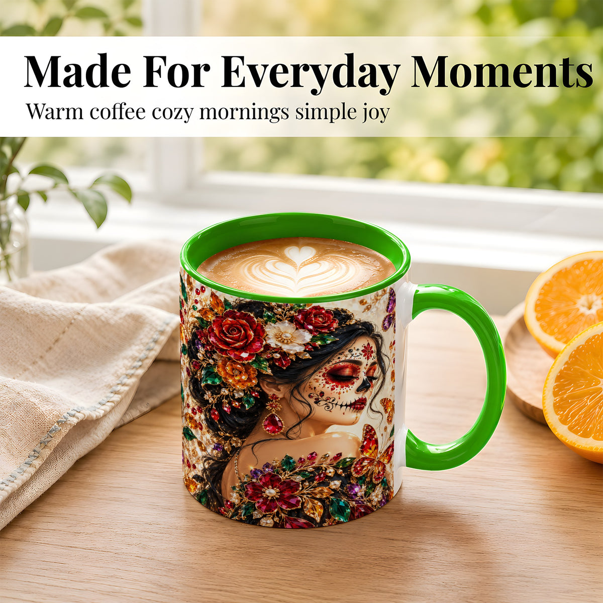 #pl[11oz|Green] Floral Face Art Coffee Mug, Jeweled Rose Mug, Ceramic Cup