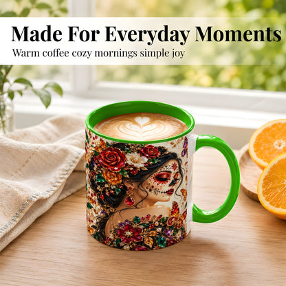 #pl[11oz|Green] Floral Face Art Coffee Mug, Jeweled Rose Mug, Ceramic Cup
