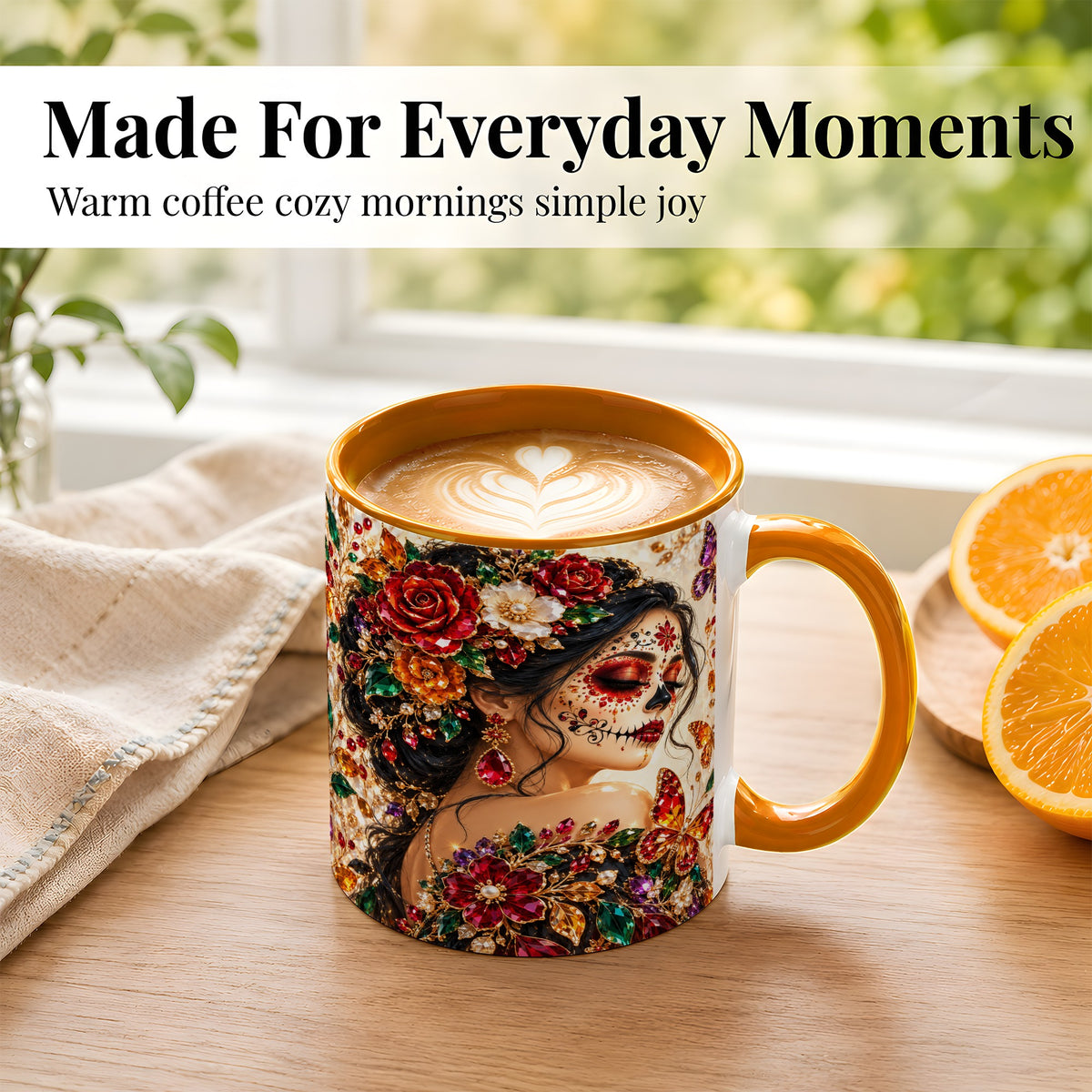 #pl[11oz|Orange] Floral Face Art Coffee Mug, Jeweled Rose Mug, Ceramic Cup