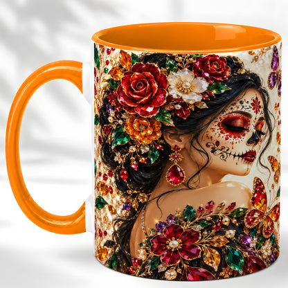 #pl[11oz|Orange] Floral Face Art Coffee Mug, Jeweled Rose Mug, Ceramic Cup