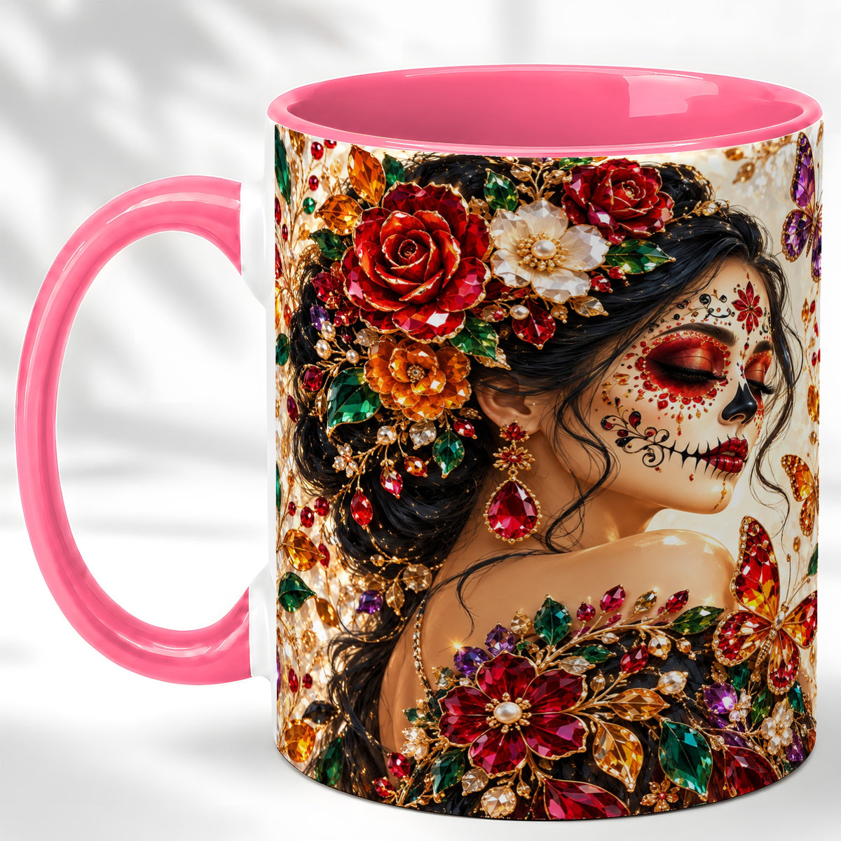 #pl[11oz|Pink] Floral Face Art Coffee Mug, Jeweled Rose Mug, Ceramic Cup