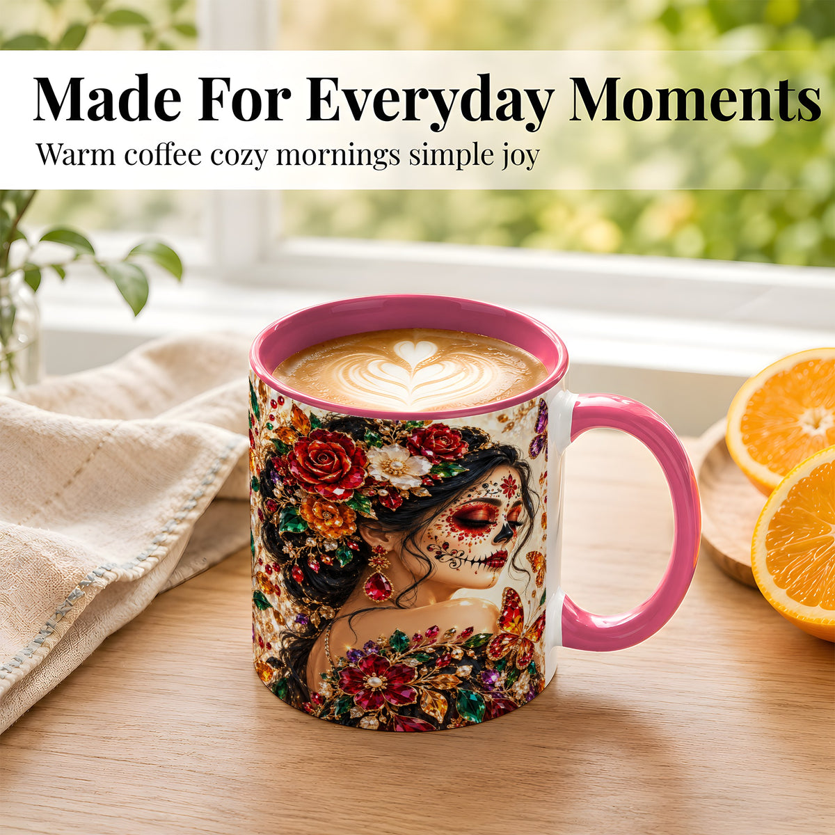 #pl[11oz|Pink] Floral Face Art Coffee Mug, Jeweled Rose Mug, Ceramic Cup