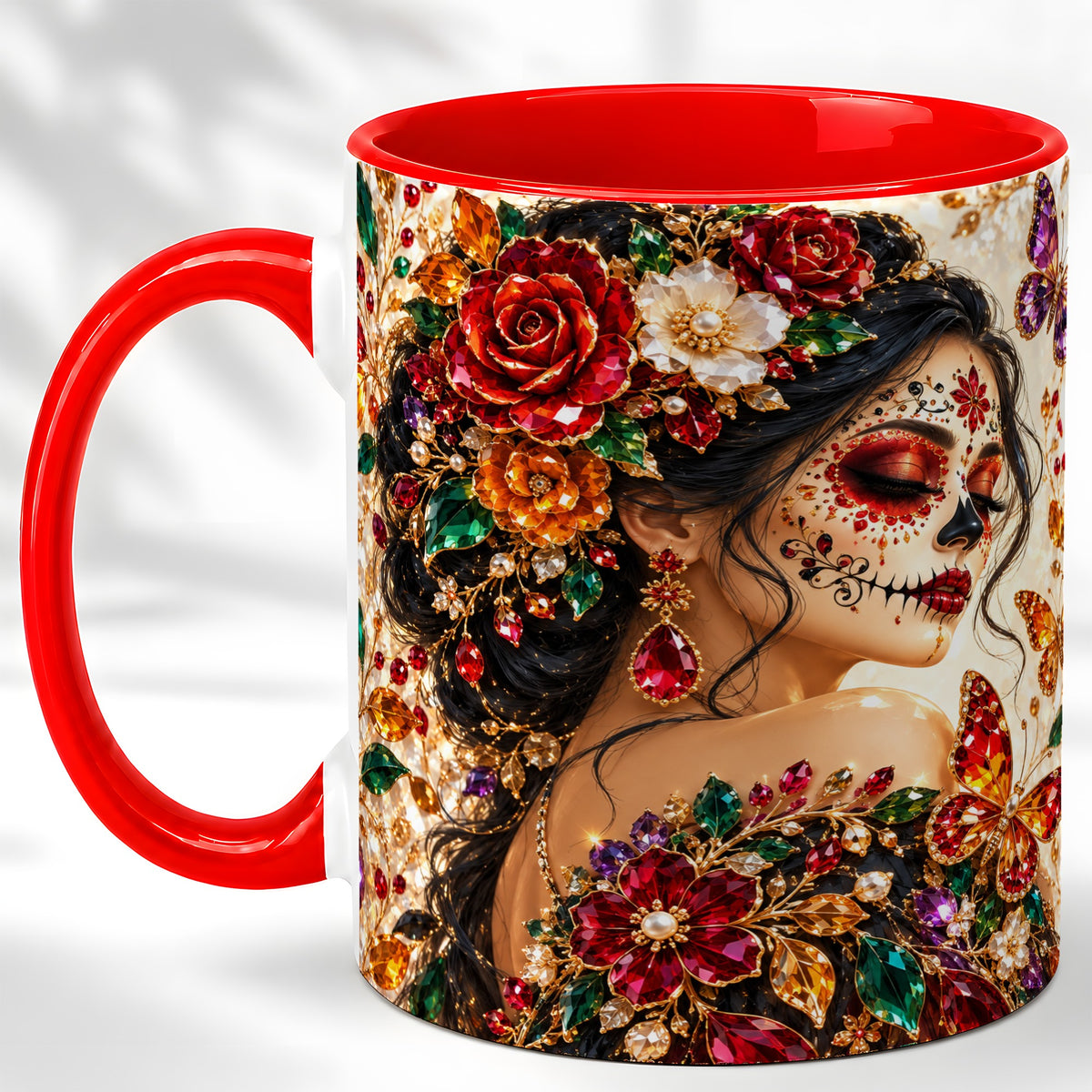 Floral Face Art Coffee Mug, Jeweled Rose Mug, Ceramic Cup