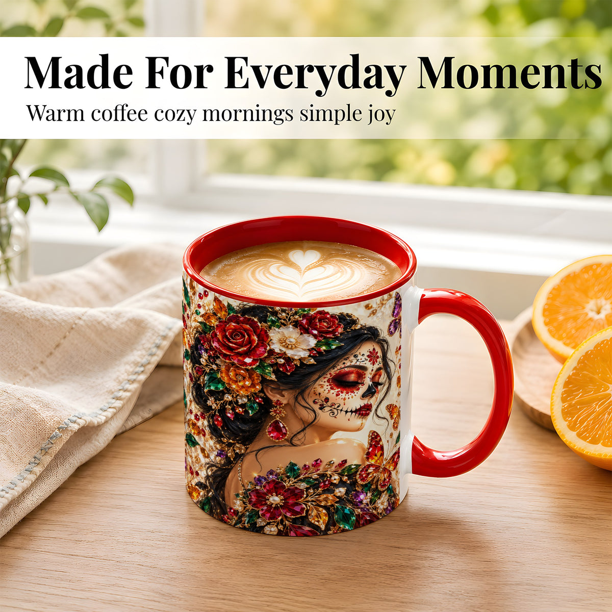 #pl[11oz|Red] Floral Face Art Coffee Mug, Jeweled Rose Mug, Ceramic Cup