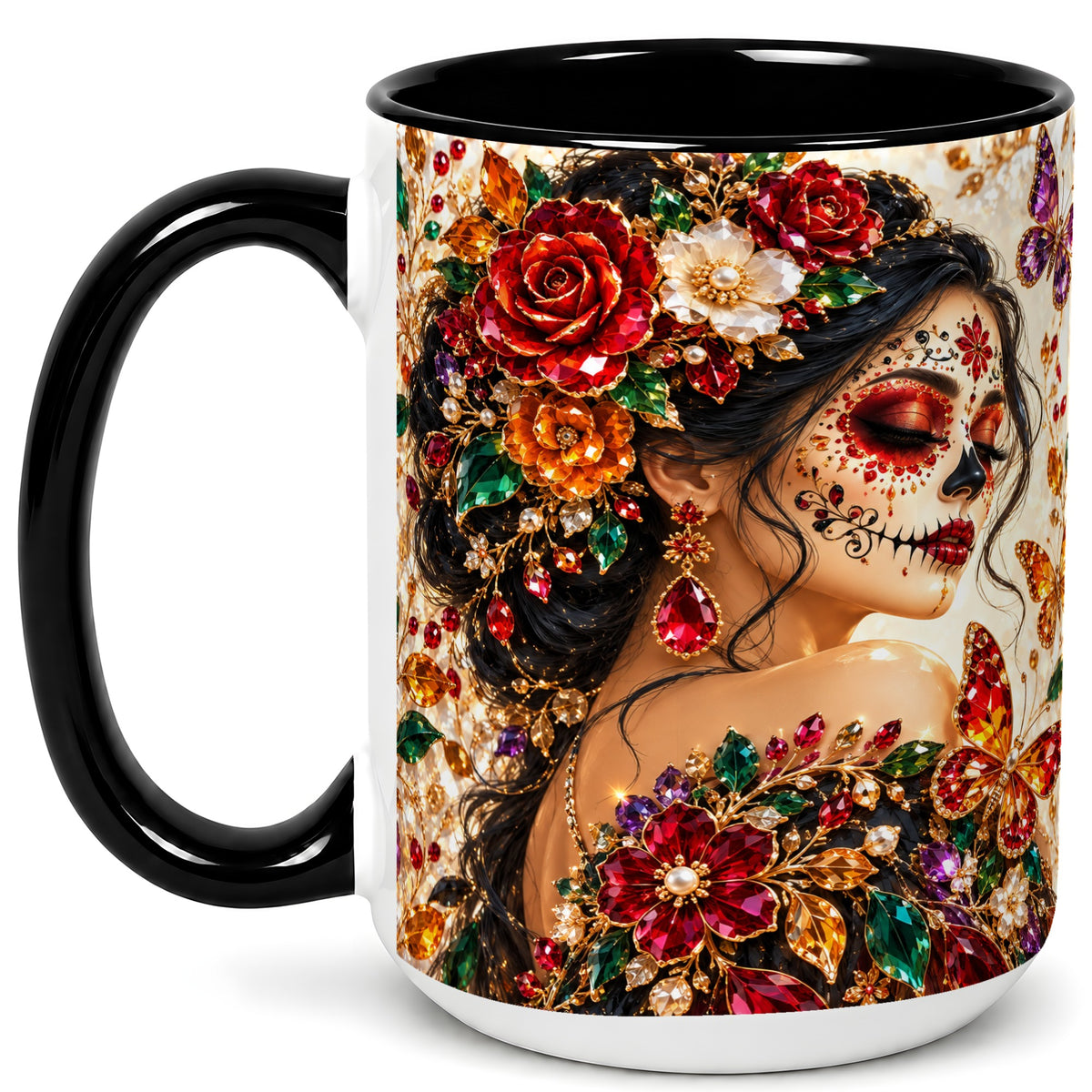 #pl[15oz|Black] Floral Face Art Coffee Mug, Jeweled Rose Mug, Ceramic Cup