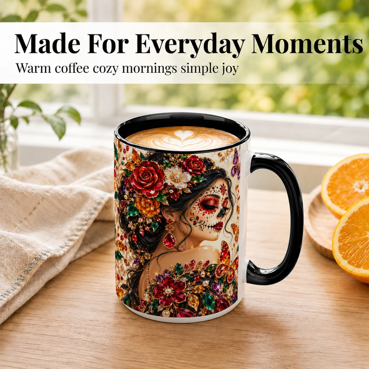 #pl[15oz|Black] Floral Face Art Coffee Mug, Jeweled Rose Mug, Ceramic Cup