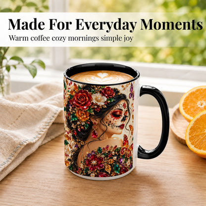 #pl[15oz|Black] Floral Face Art Coffee Mug, Jeweled Rose Mug, Ceramic Cup