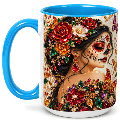#pl[15oz|Blue] Floral Face Art Coffee Mug, Jeweled Rose Mug, Ceramic Cup