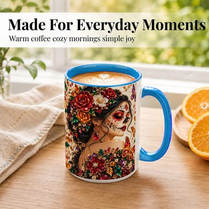 #pl[15oz|Blue] Floral Face Art Coffee Mug, Jeweled Rose Mug, Ceramic Cup