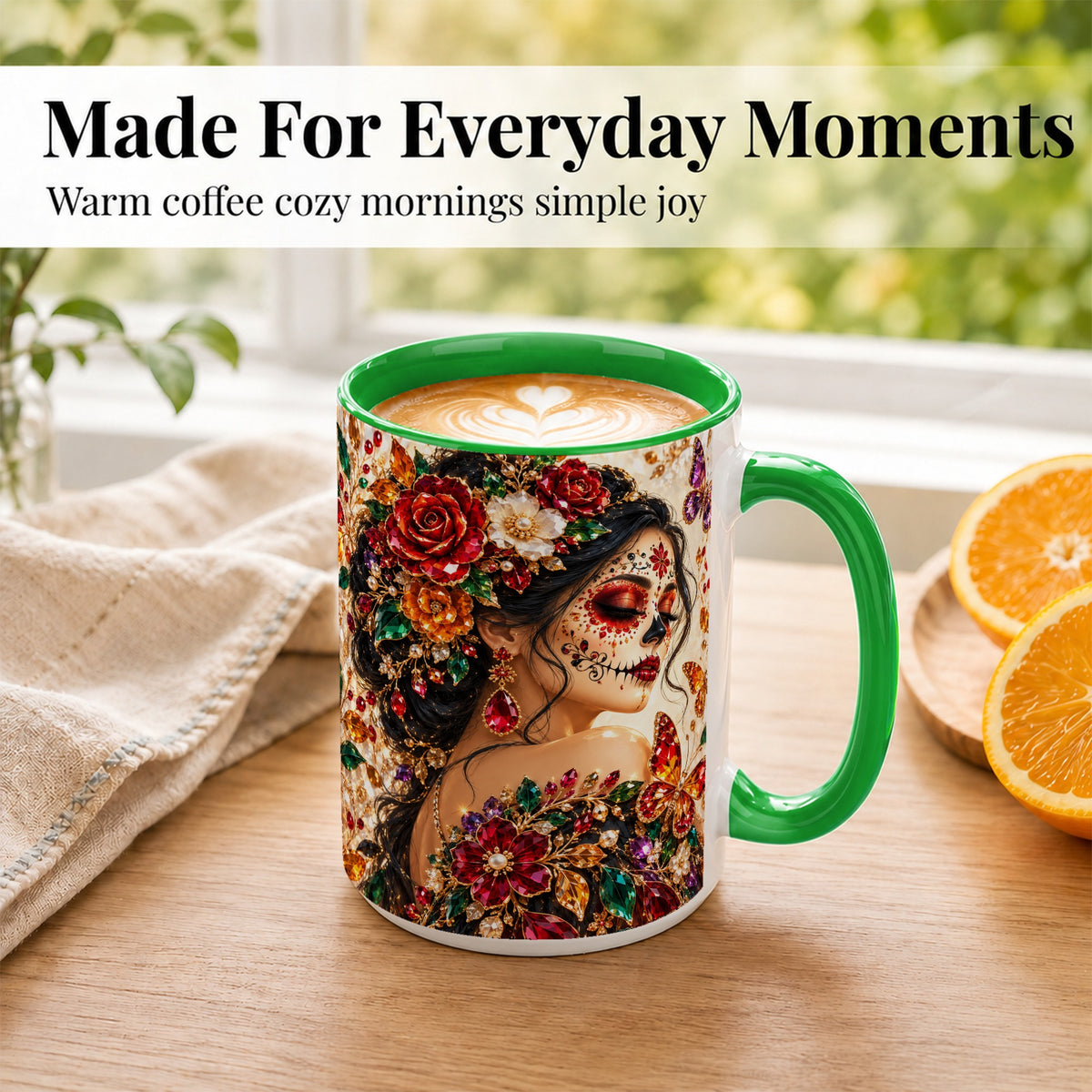 #pl[15oz|Green] Floral Face Art Coffee Mug, Jeweled Rose Mug, Ceramic Cup