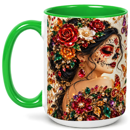 #pl[15oz|Green] Floral Face Art Coffee Mug, Jeweled Rose Mug, Ceramic Cup