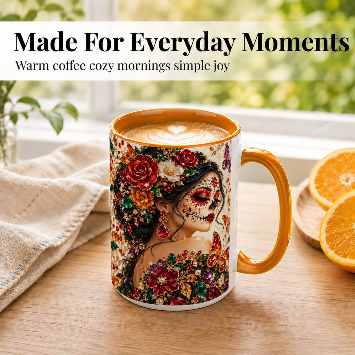 #pl[15oz|Orange] Floral Face Art Coffee Mug, Jeweled Rose Mug, Ceramic Cup