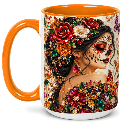 #pl[15oz|Orange] Floral Face Art Coffee Mug, Jeweled Rose Mug, Ceramic Cup